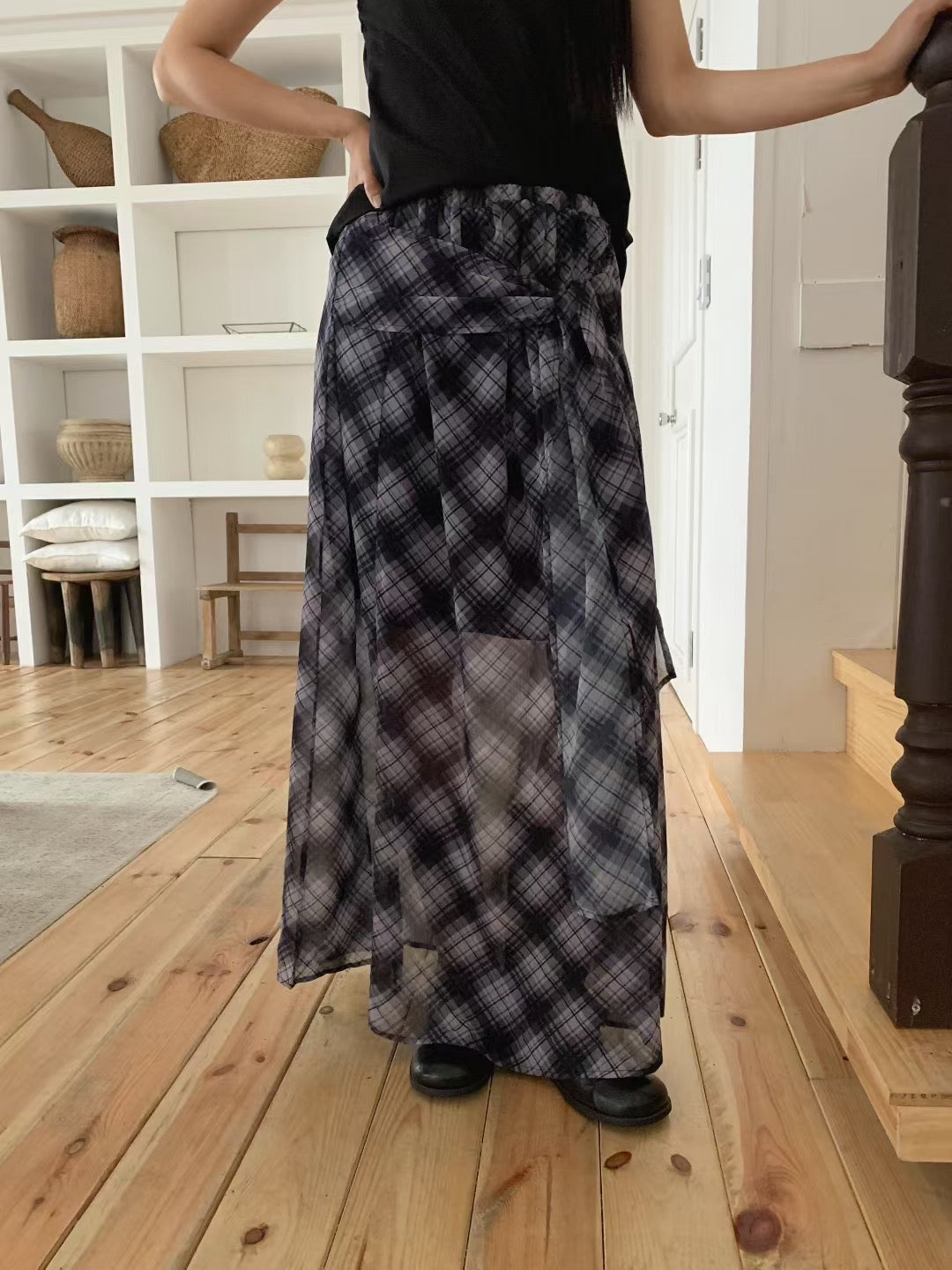 前綁格仔雪紡長裙