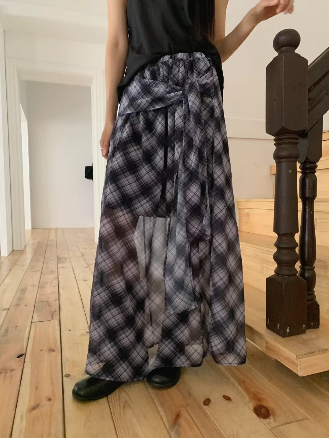 前綁格仔雪紡長裙