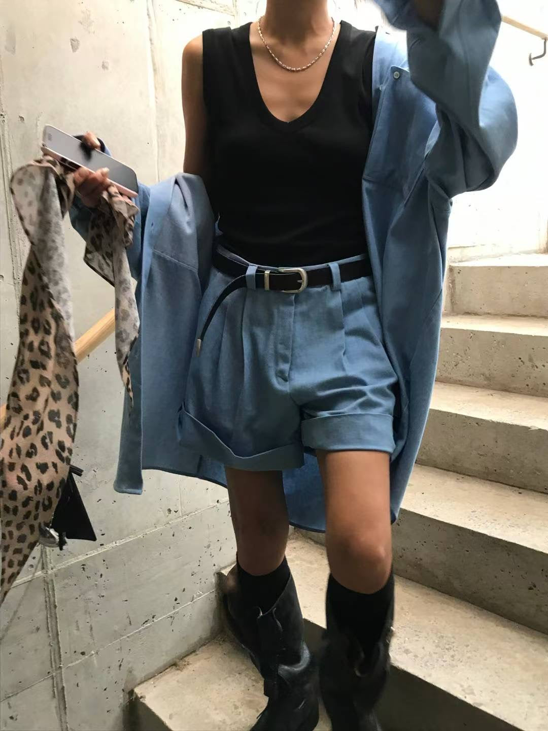 摺腳牛仔短褲(set裝可另兩袋牛仔恤衫)