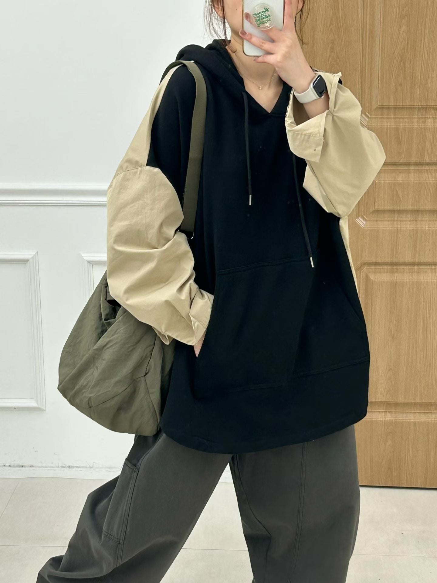 拚布有帽長衛衣