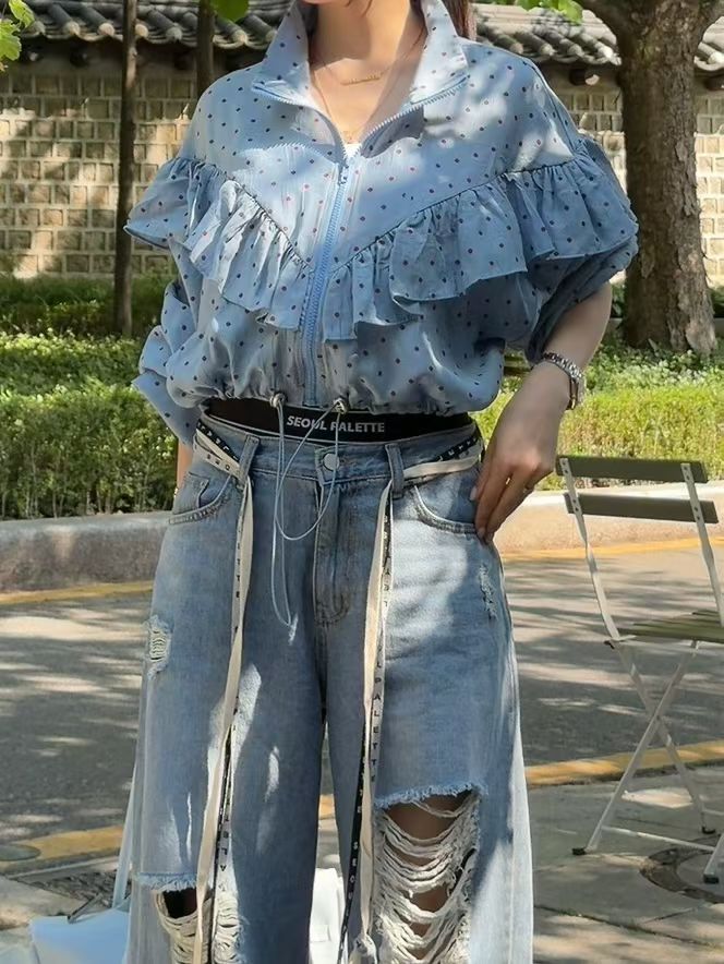 波點拉鏈外套