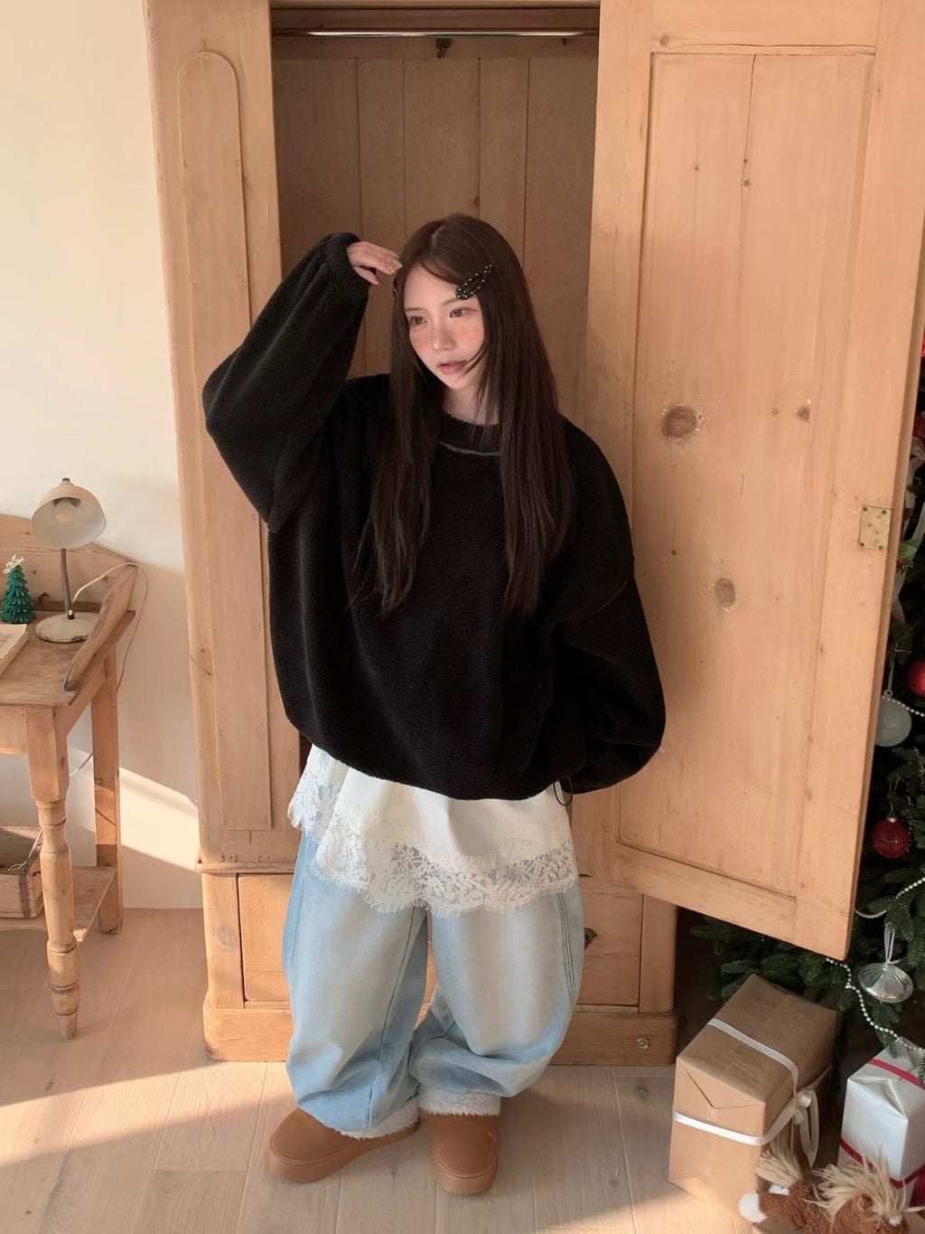 撞色車線天鵝絨長TEE