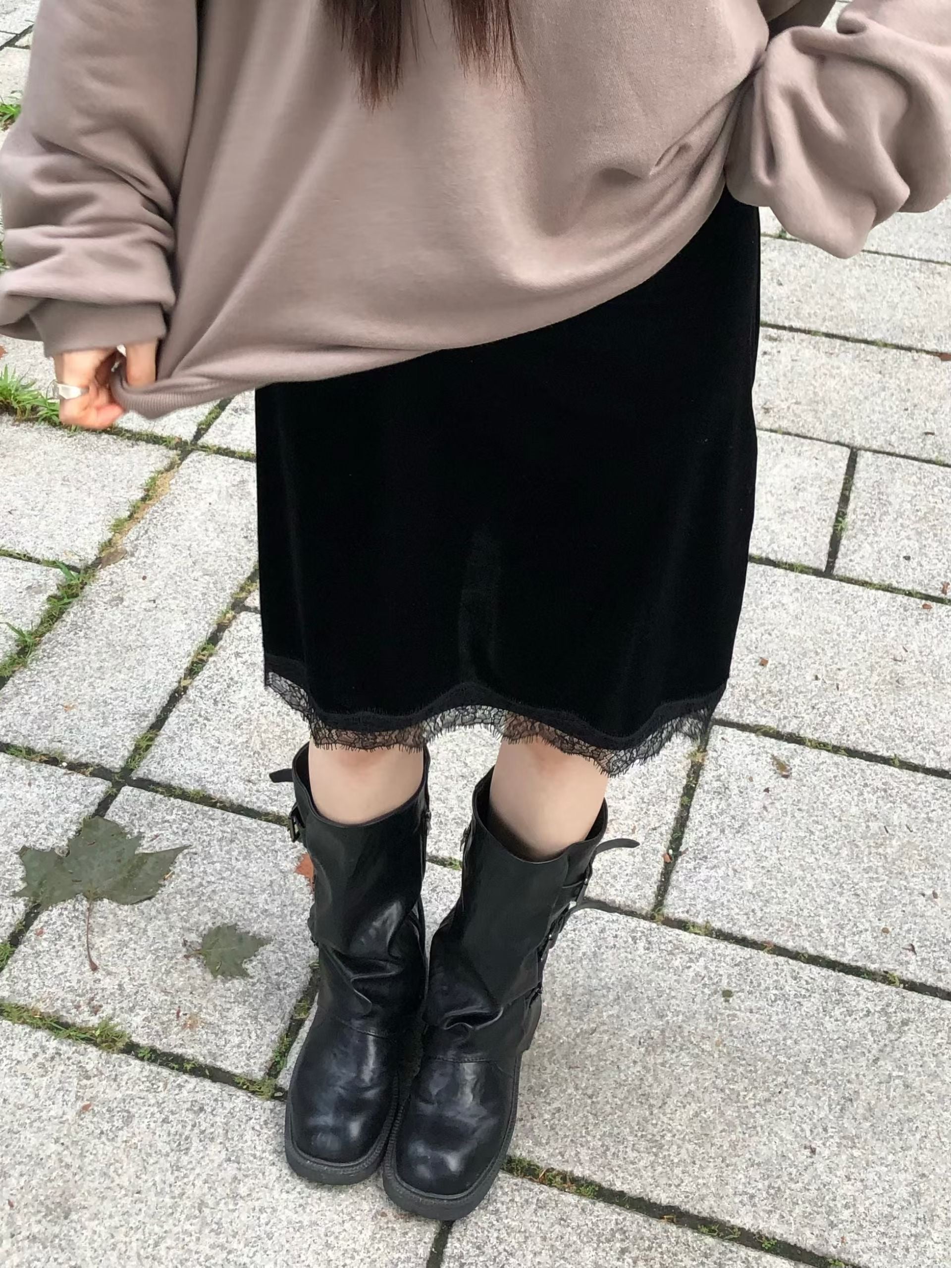 絲絨Lace半摺裙