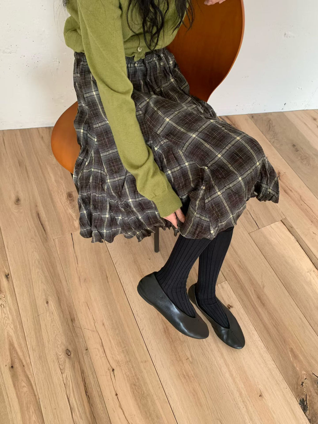 格仔皺皺半褶裙