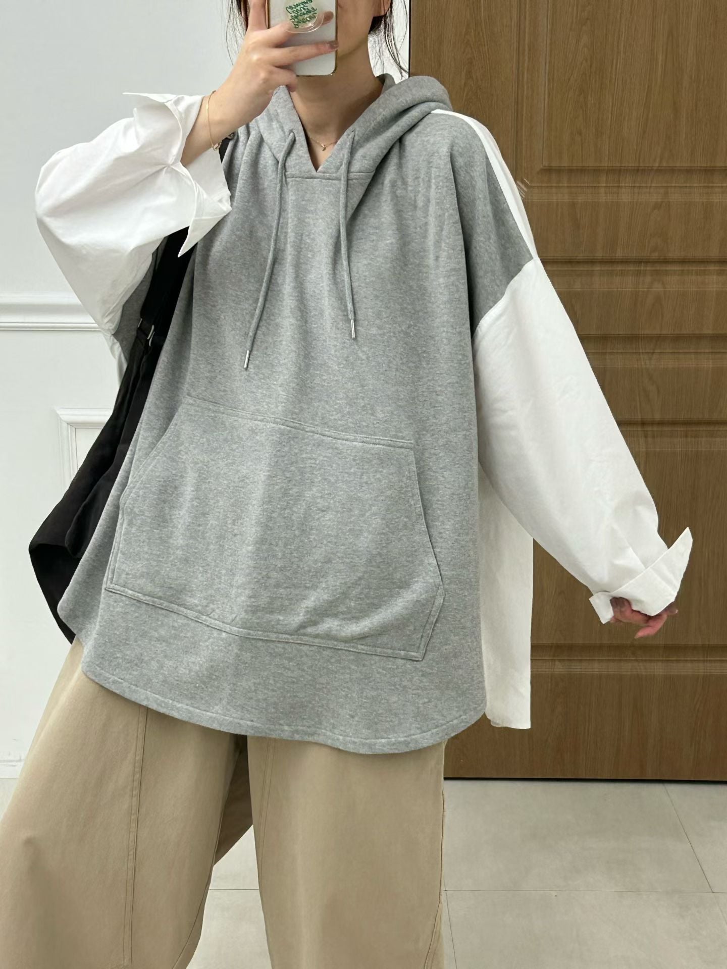 拚布有帽長衛衣