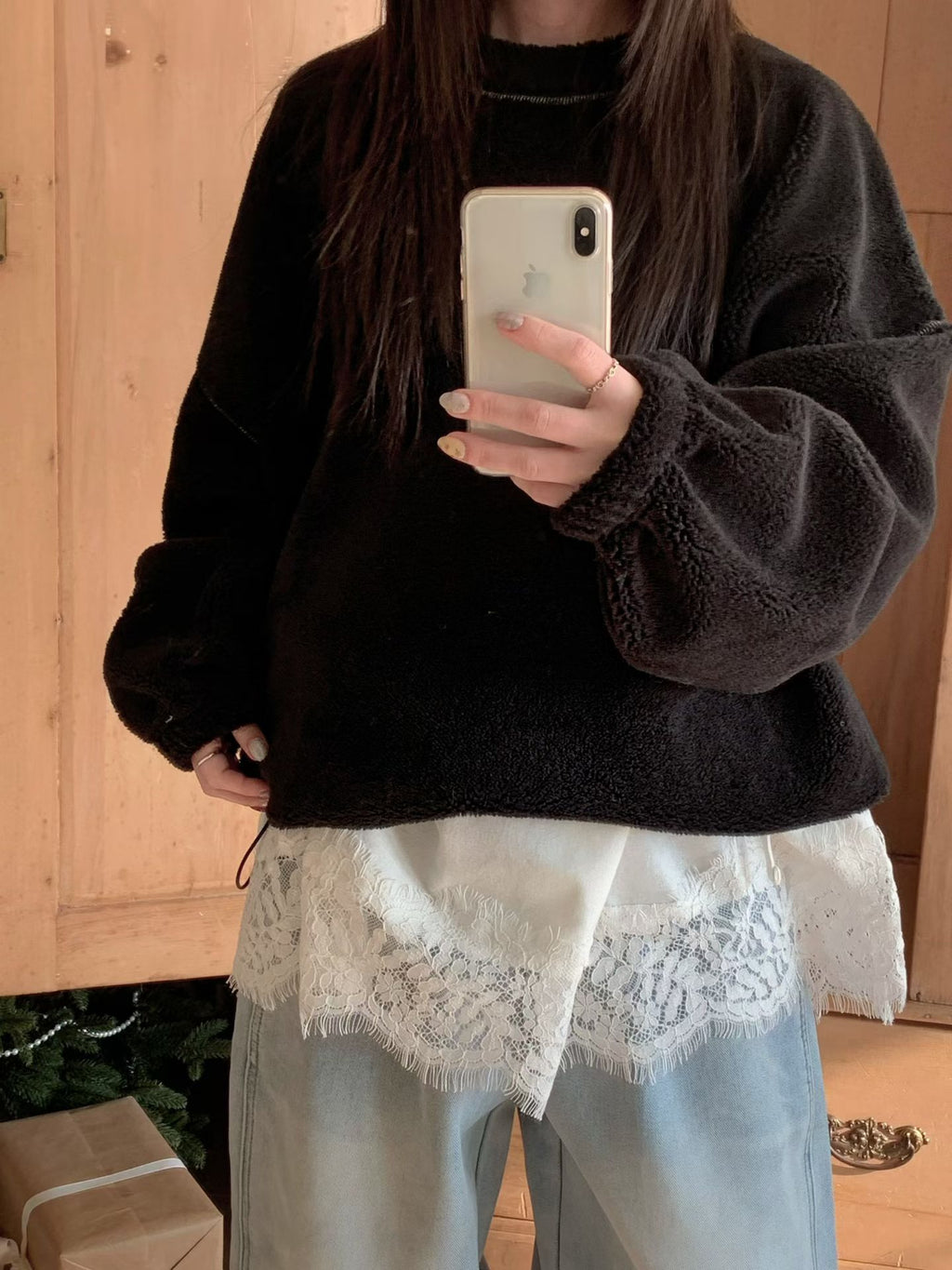 撞色車線天鵝絨長TEE