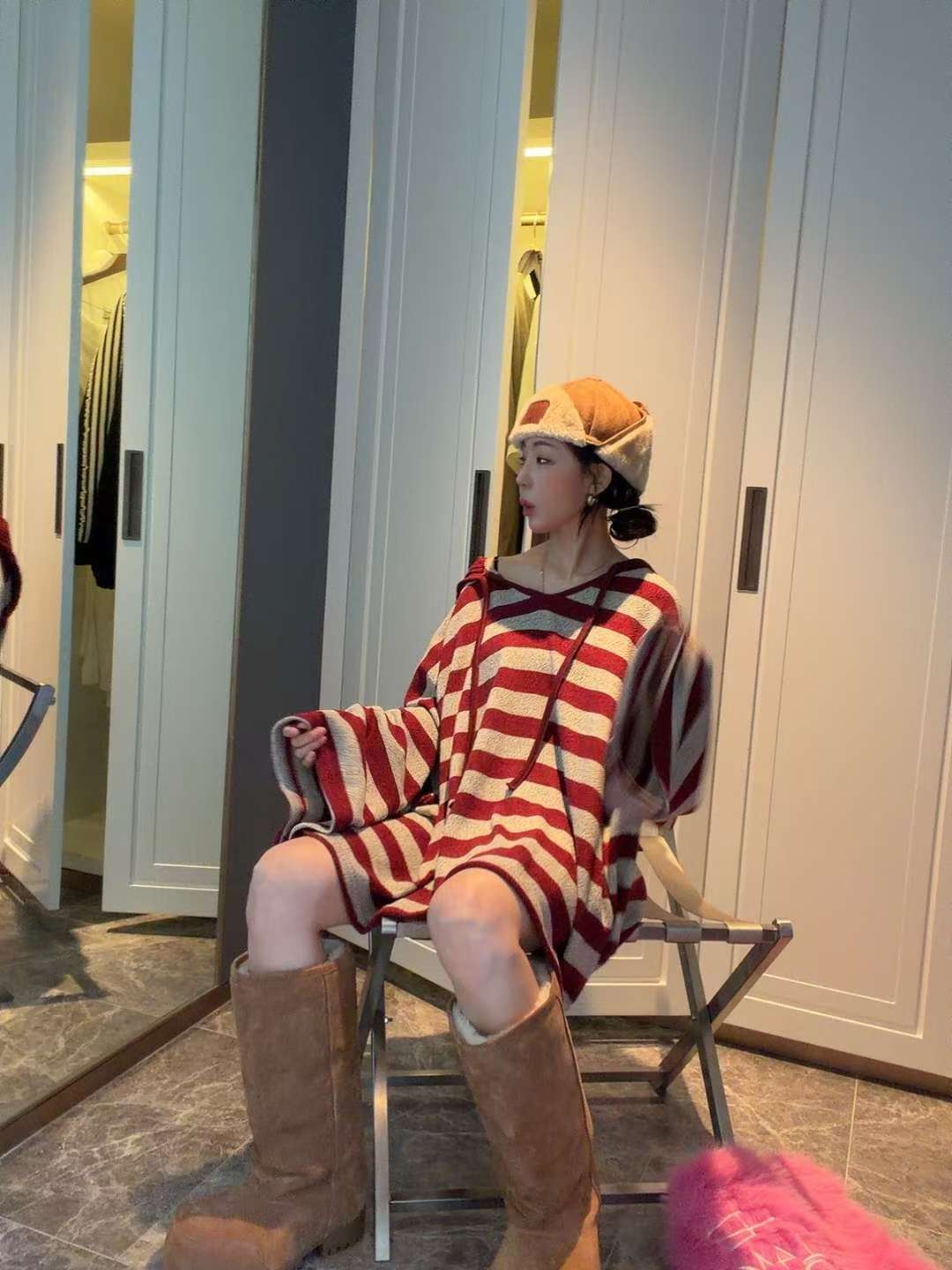 橫間有帽長冷連身裙