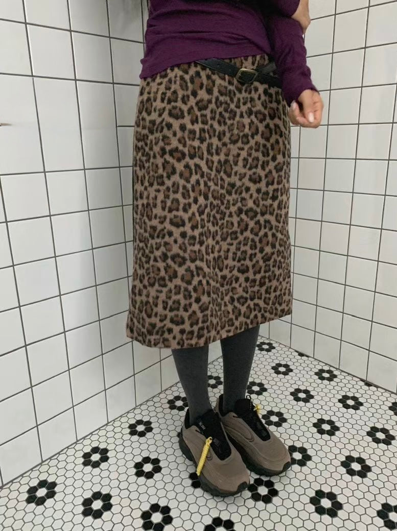 豹紋側拉鏈半摺裙