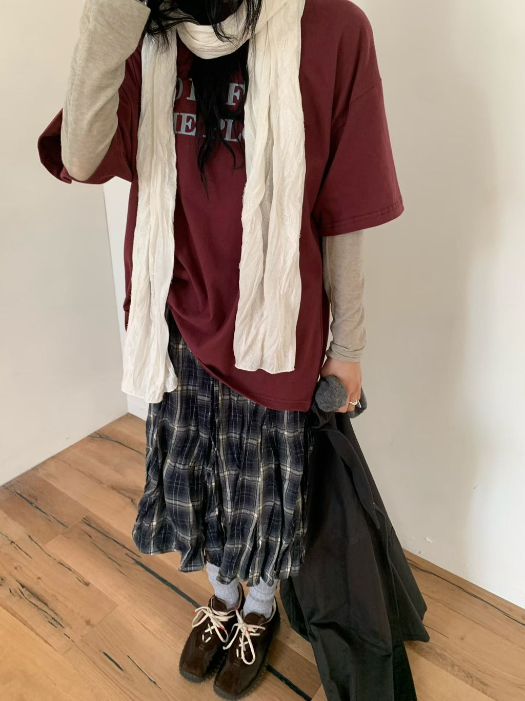 格仔皺皺半褶裙