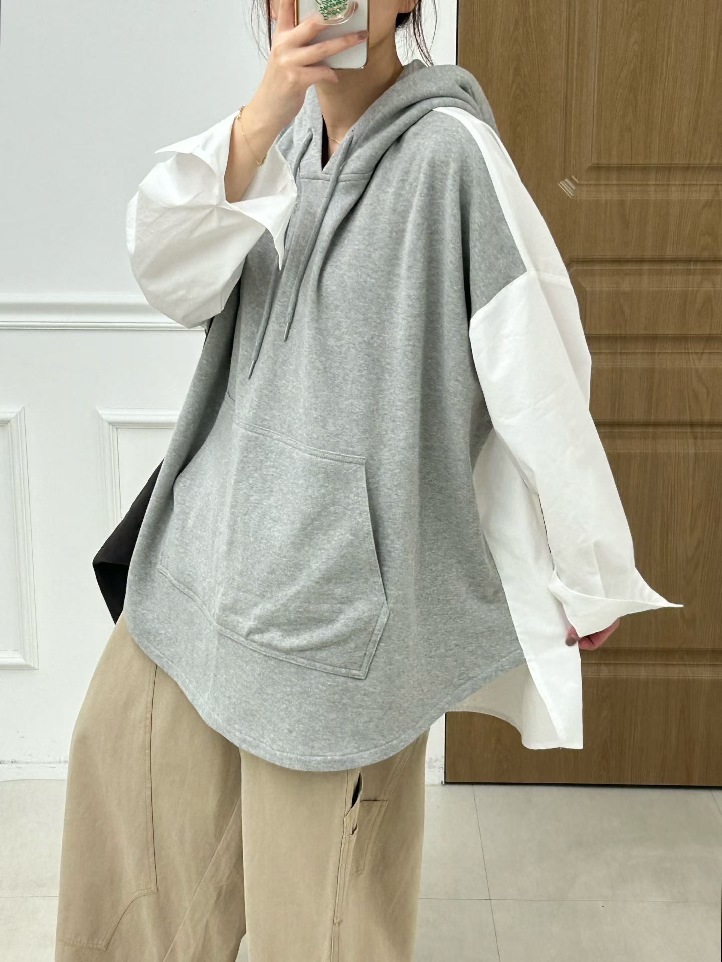 拚布有帽長衛衣