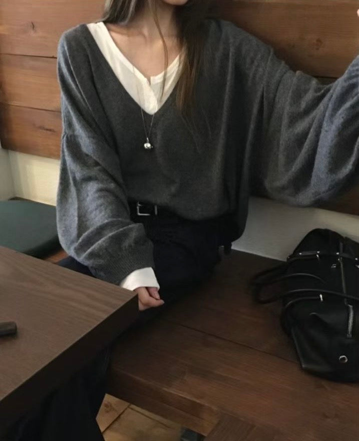 V領燈籠袖 Cashmere冷衫