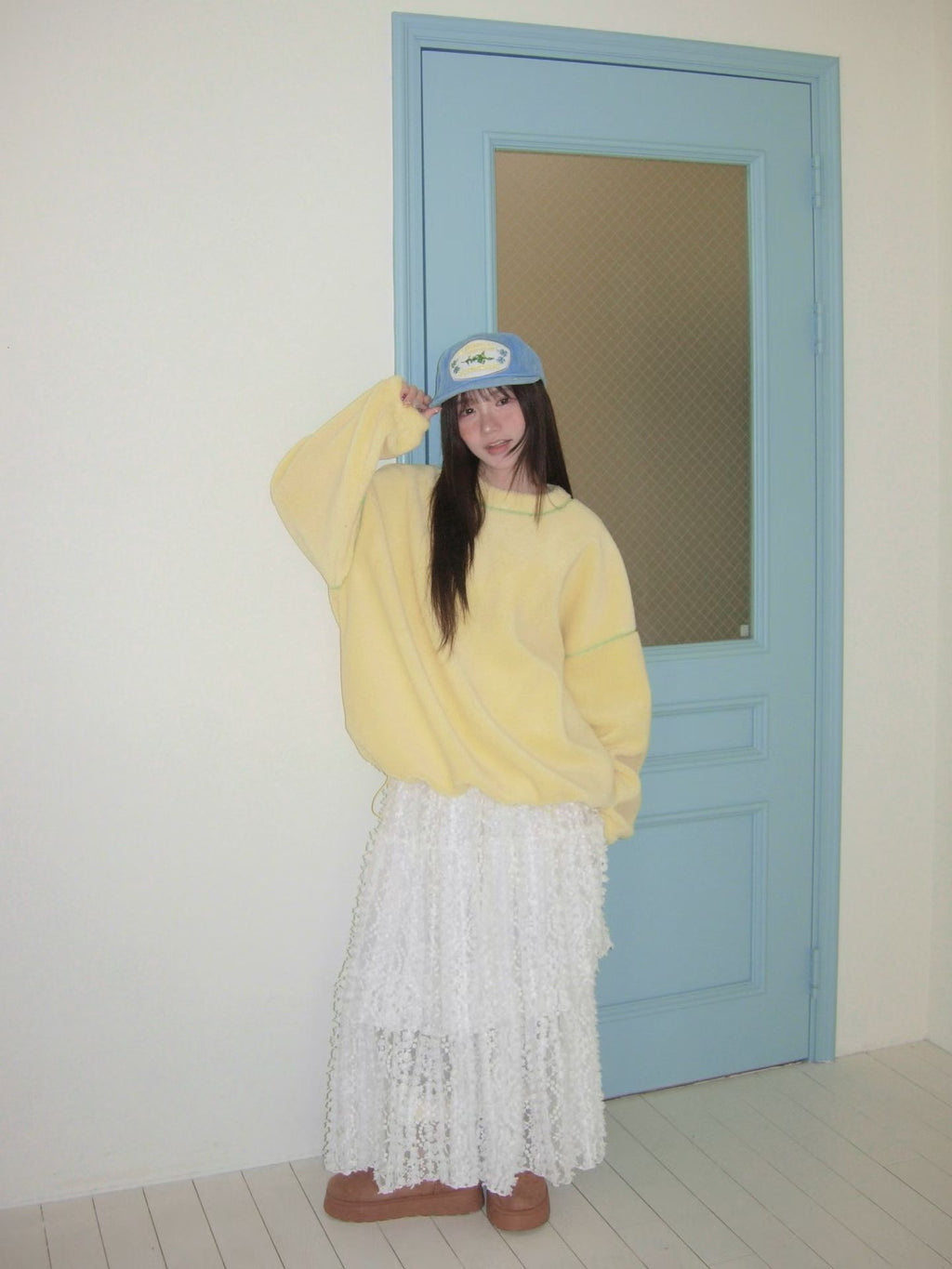 撞色車線天鵝絨長TEE