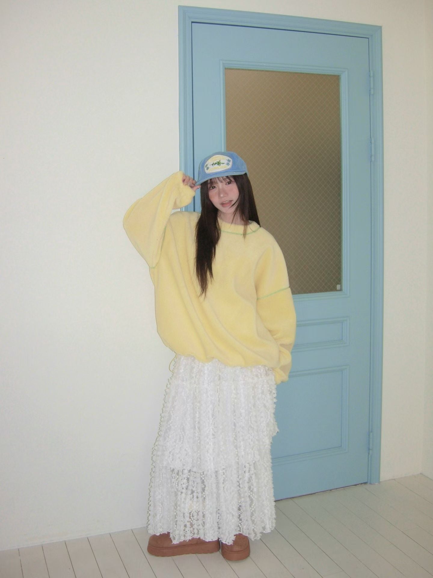 撞色車線天鵝絨長TEE