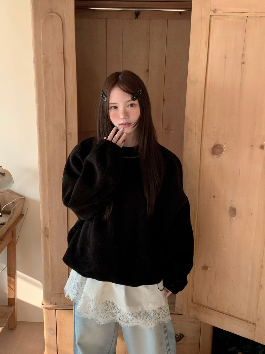 撞色車線天鵝絨長TEE