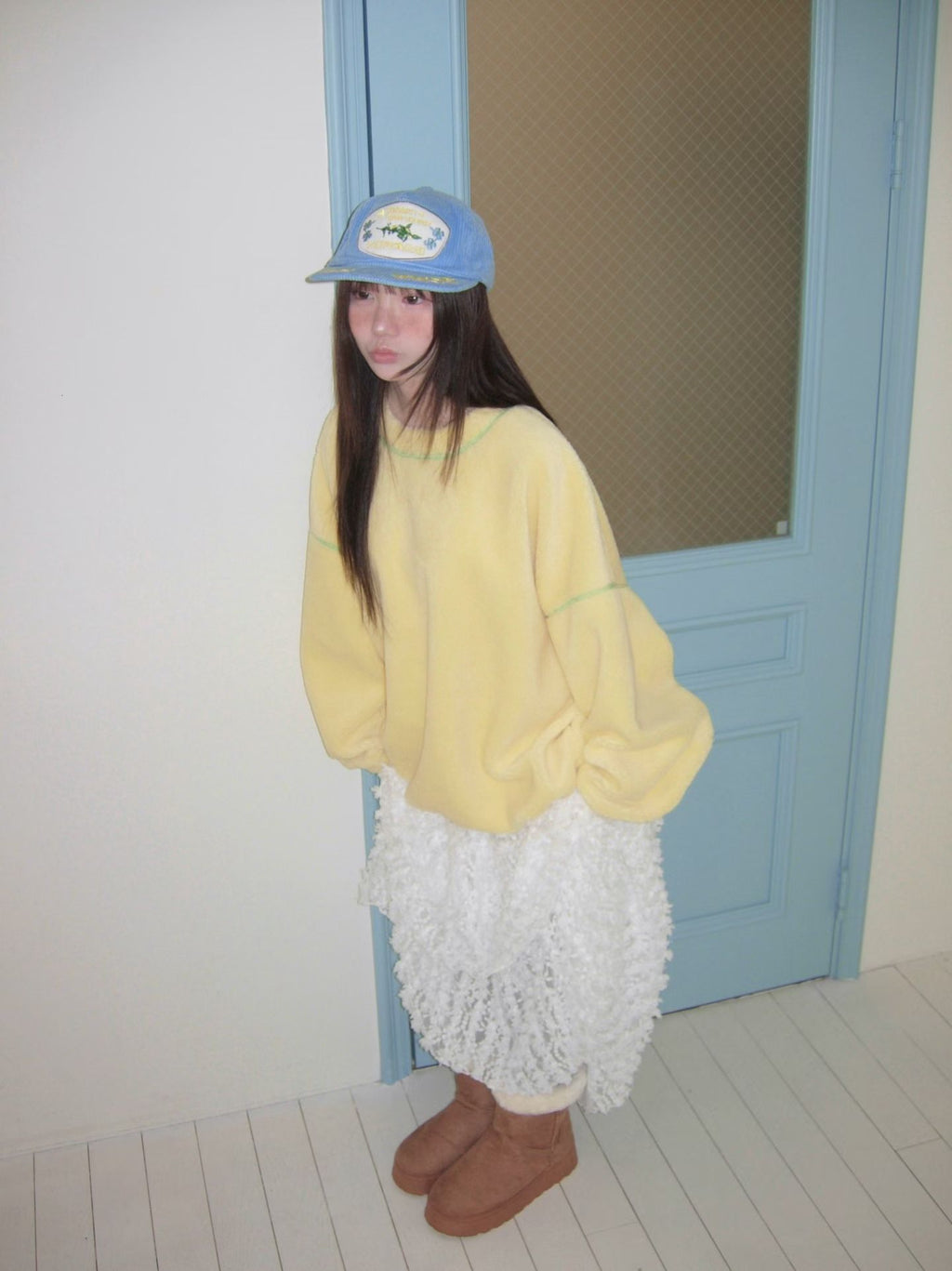 撞色車線天鵝絨長TEE