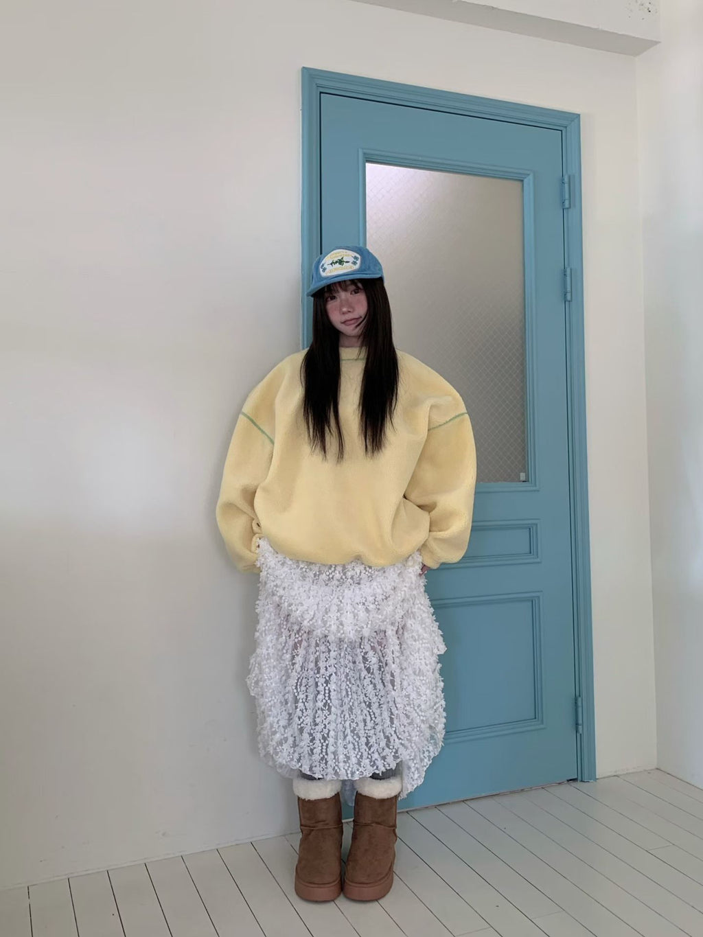 撞色車線天鵝絨長TEE