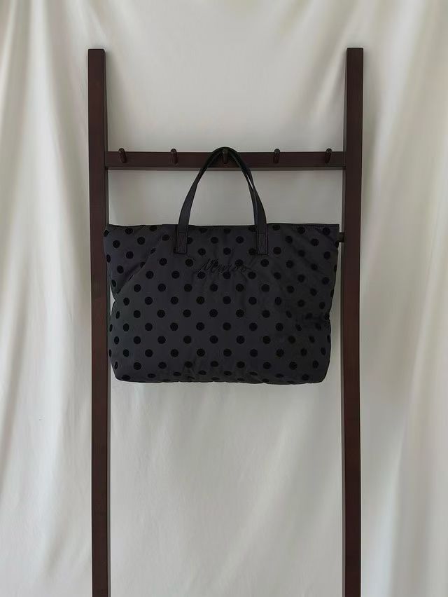 格仔/波點絨布拚皮帶手袋