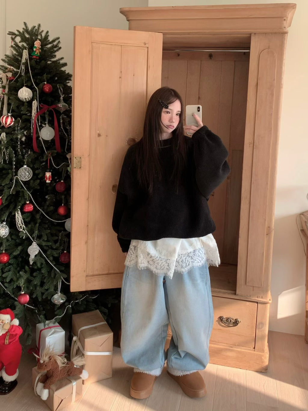 撞色車線天鵝絨長TEE