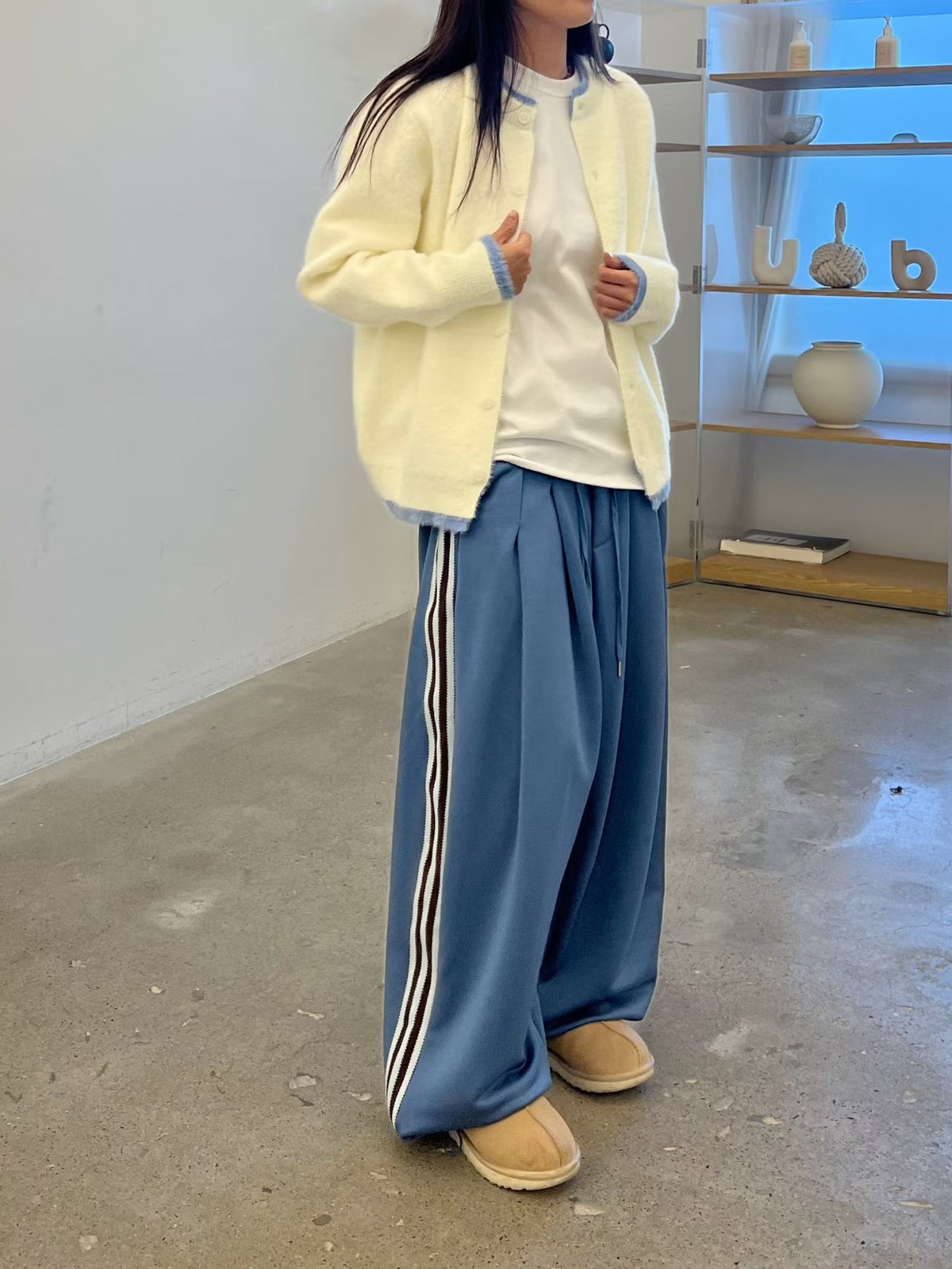 拚色兔毛外套