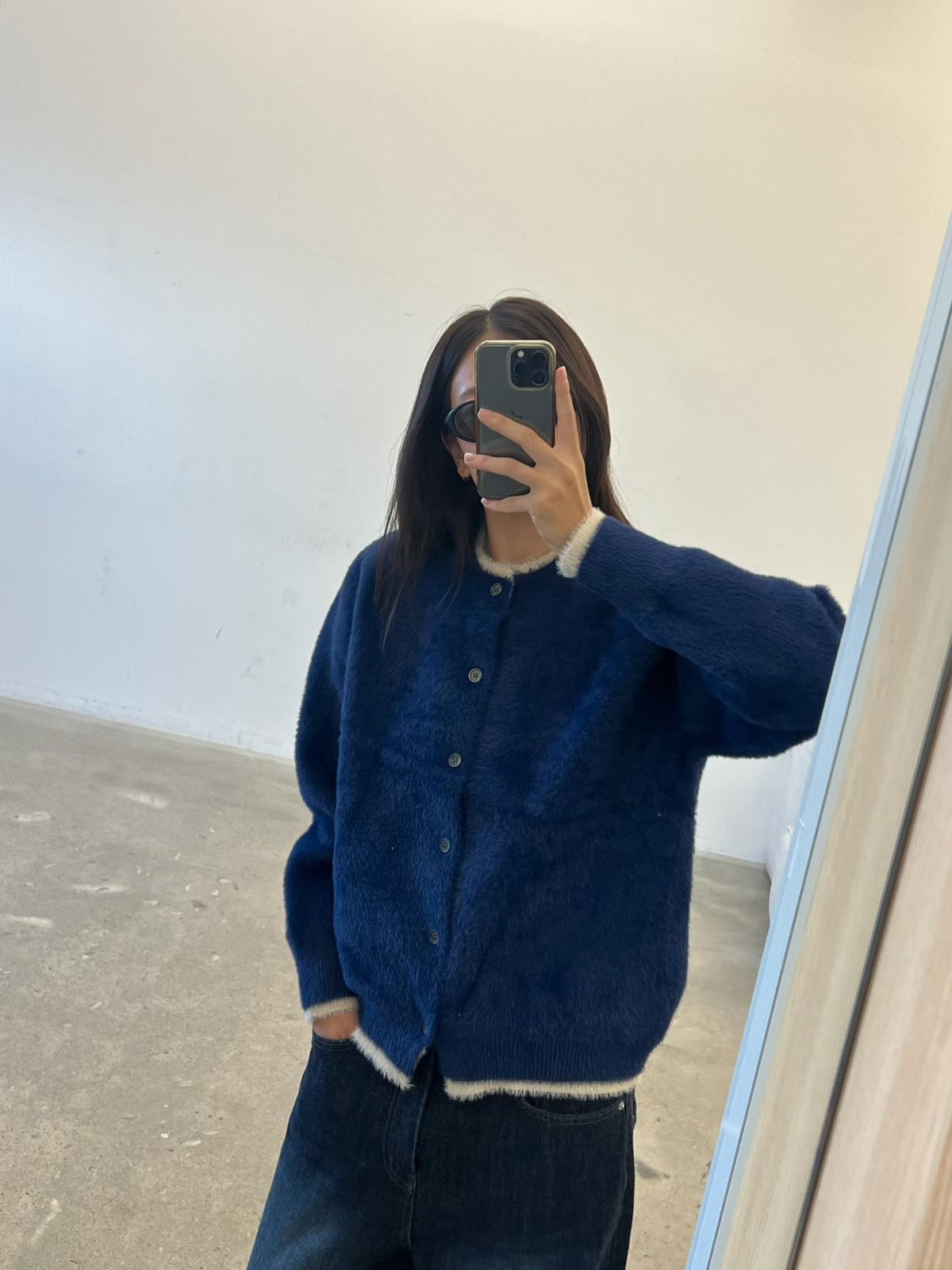 拚色兔毛外套