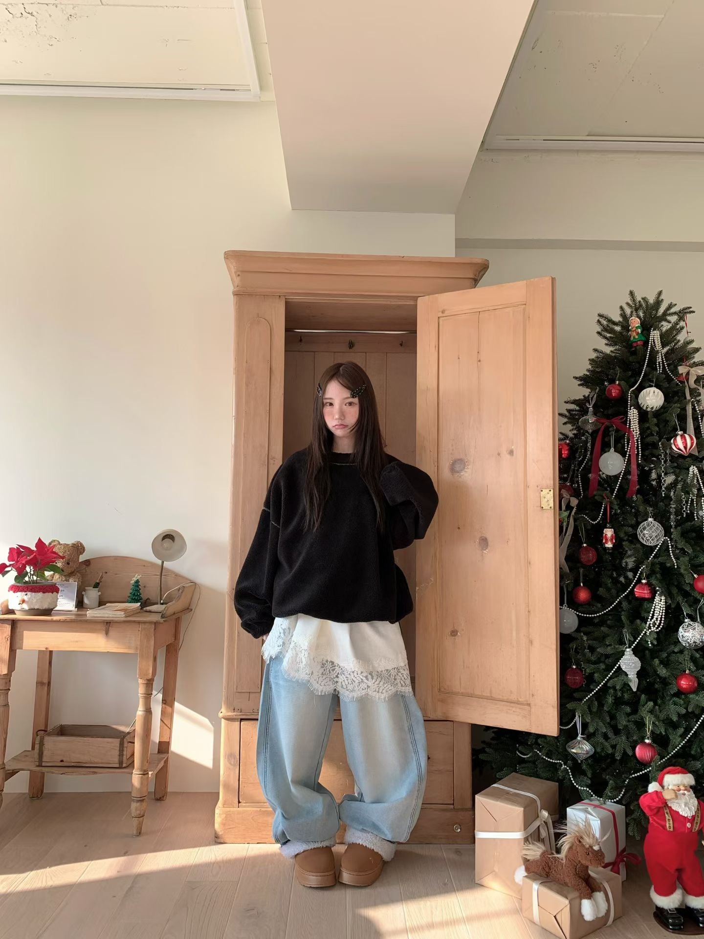 撞色車線天鵝絨長TEE