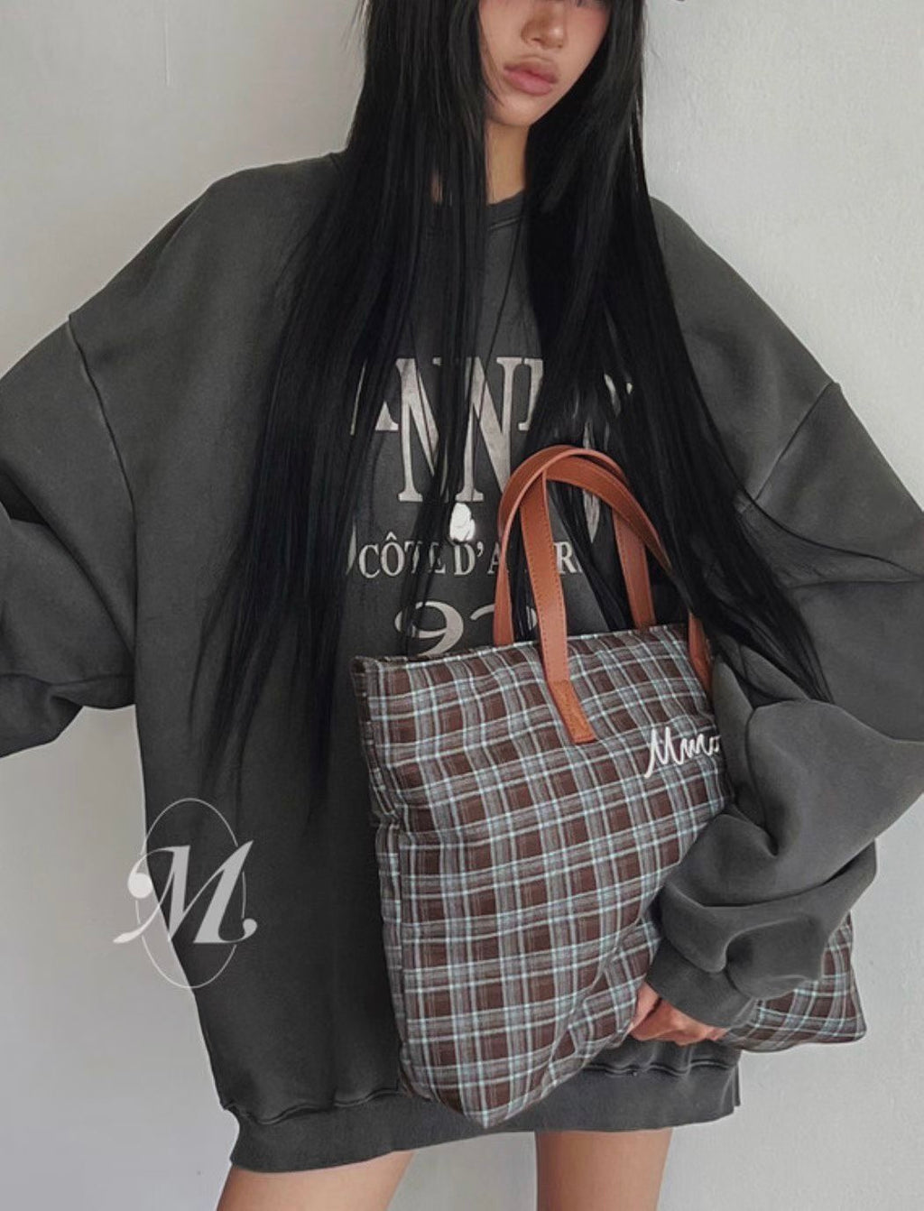 格仔/波點絨布拚皮帶手袋