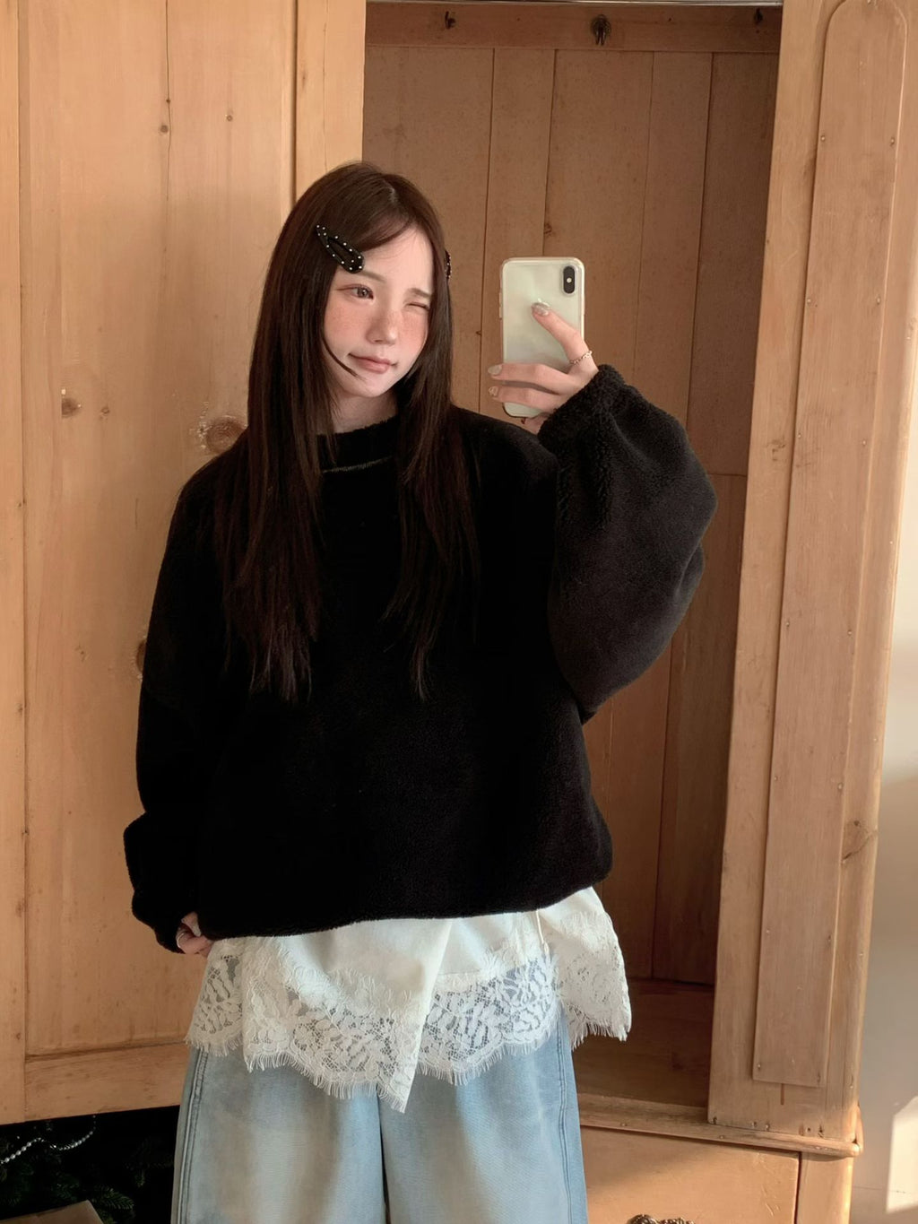 撞色車線天鵝絨長TEE