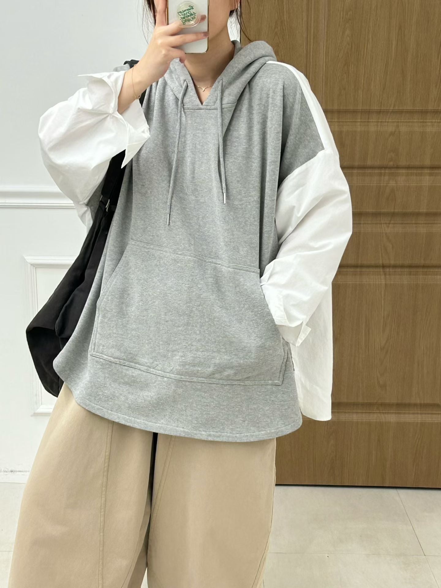拚布有帽長衛衣