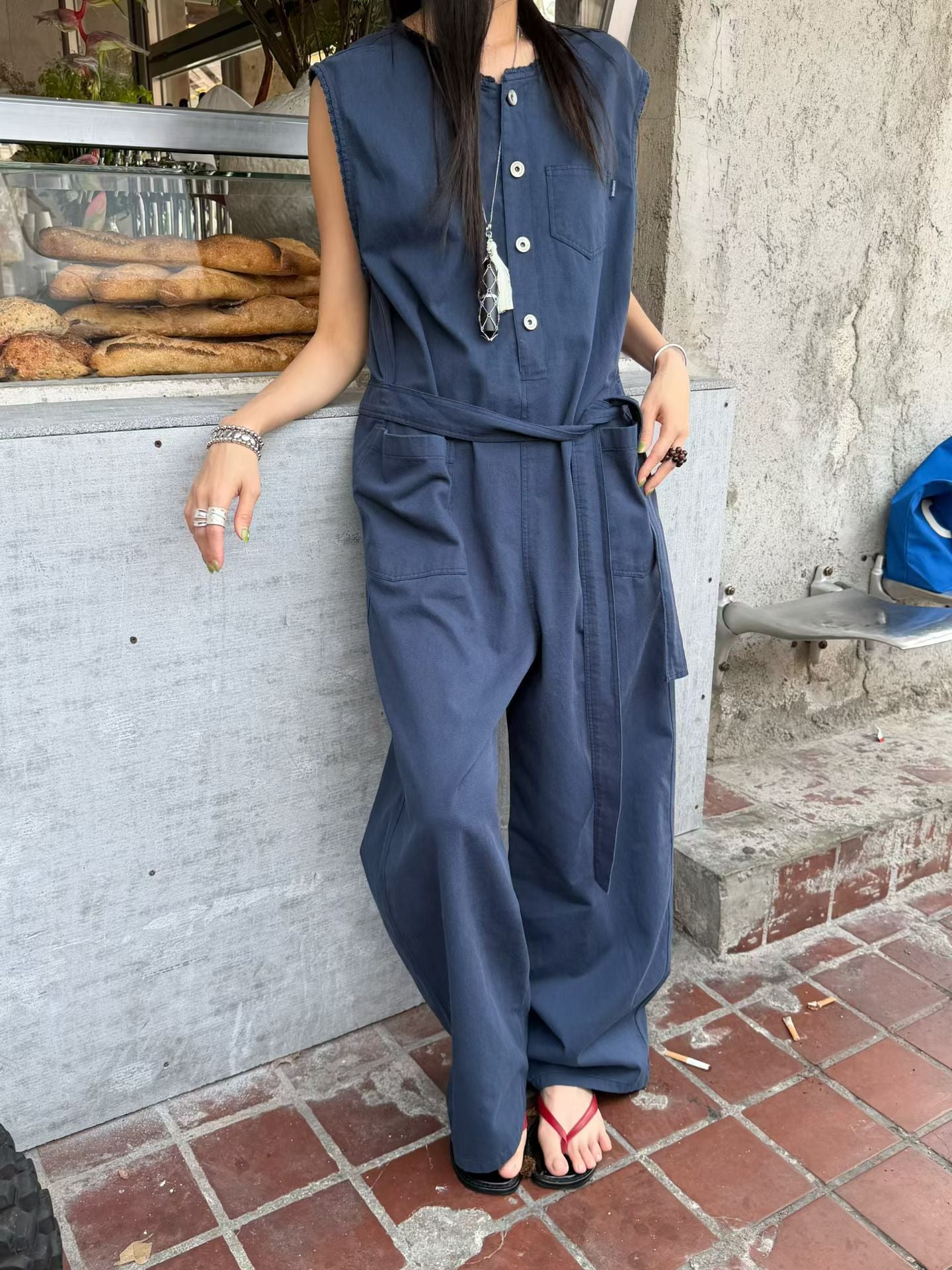 扣鈕連身褲