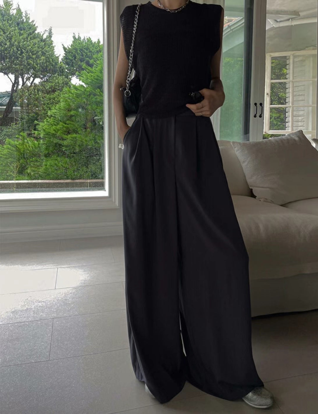 High waist wide leg trousers