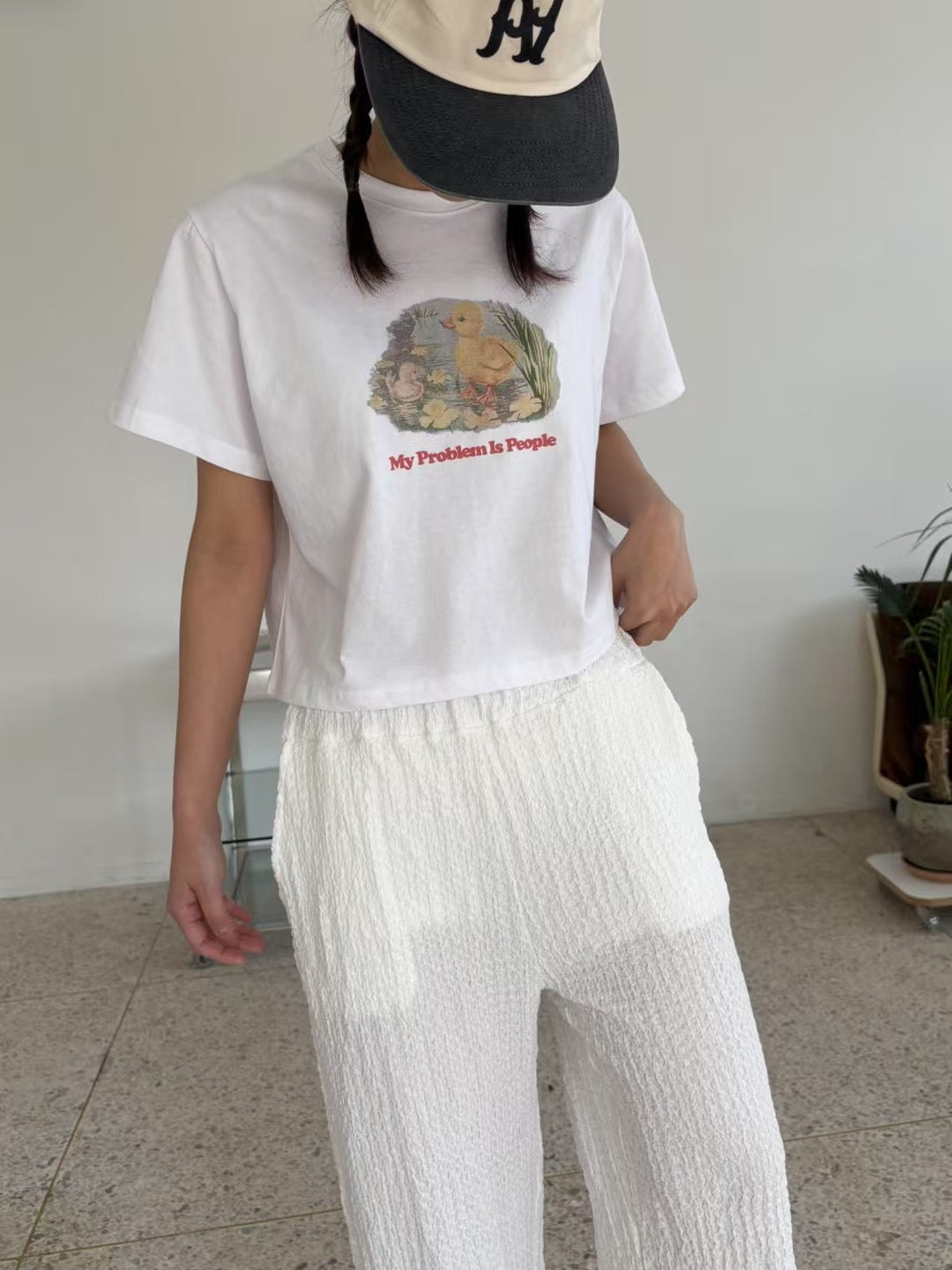 皺布長褲