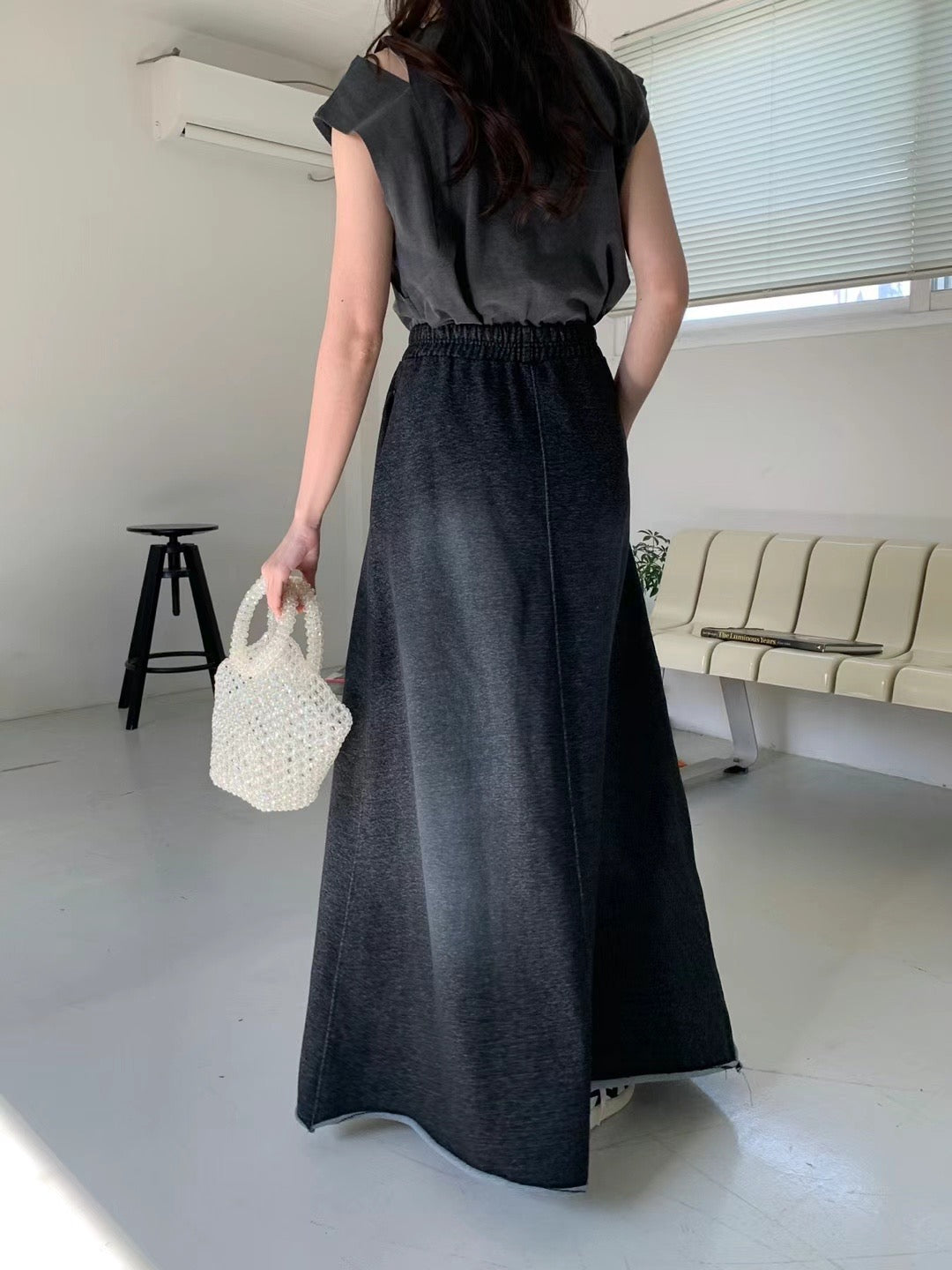 washed denim long skirt