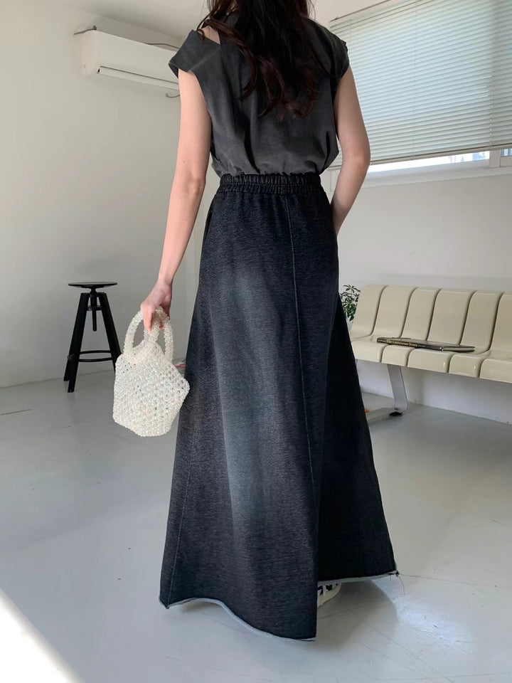 washed denim long skirt