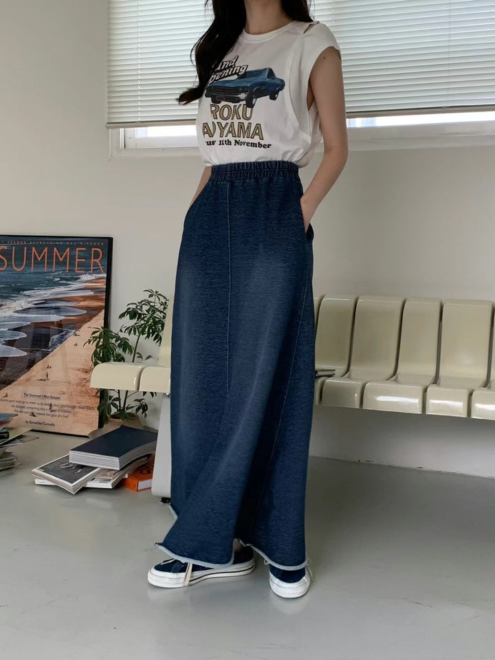 washed denim long skirt