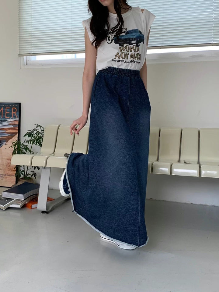 washed denim long skirt