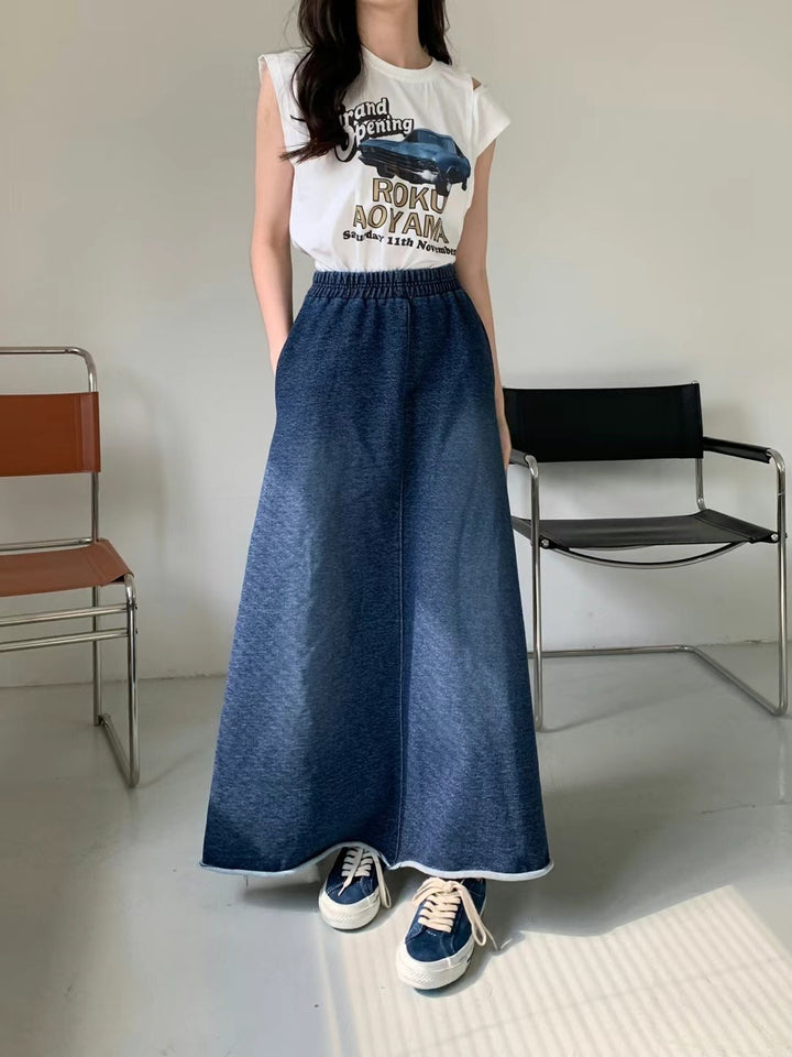 washed denim long skirt