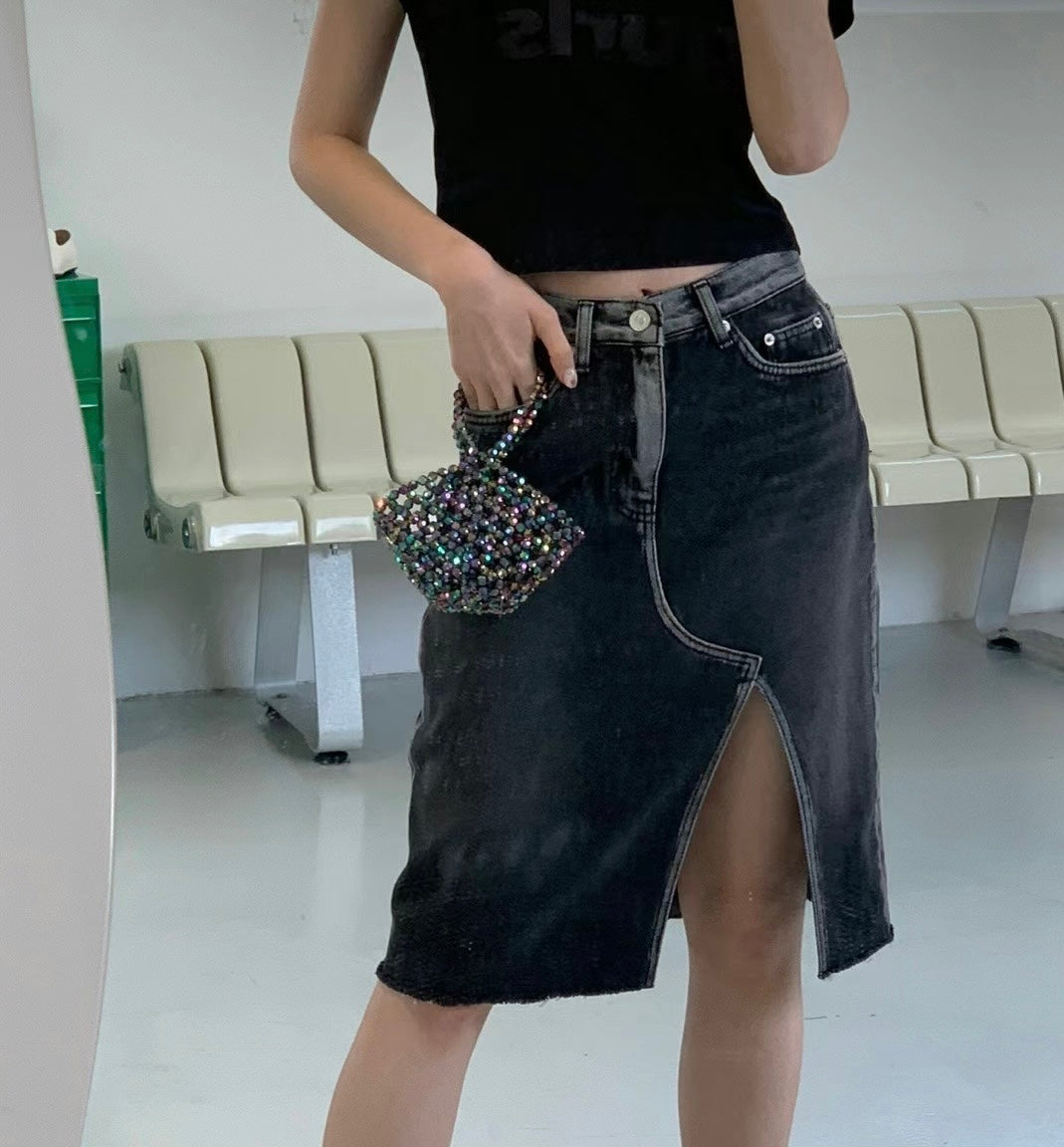 side slit denim skirt