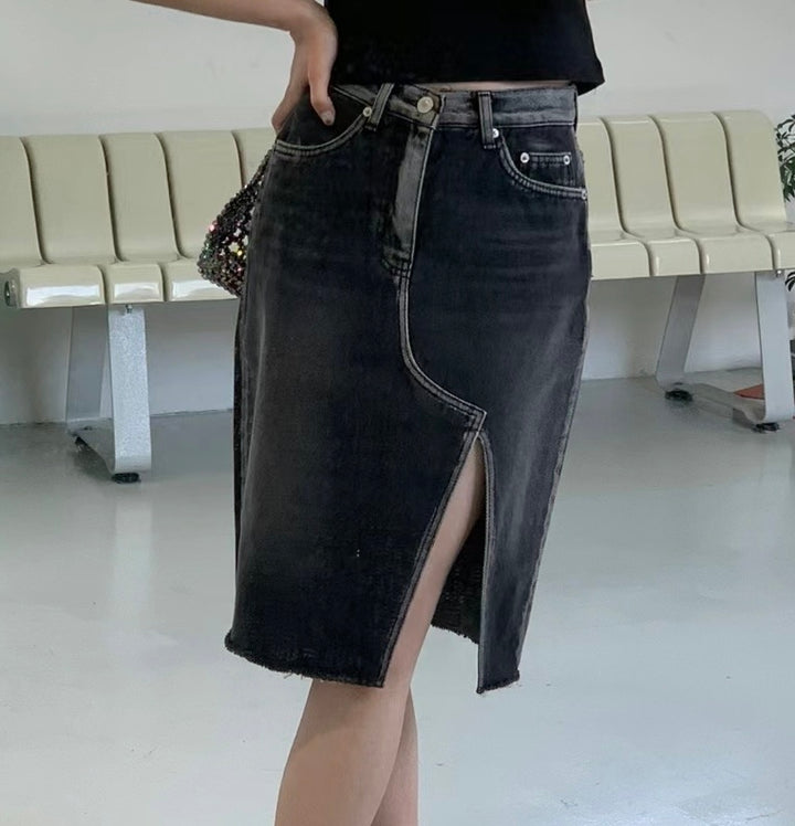 side slit denim skirt