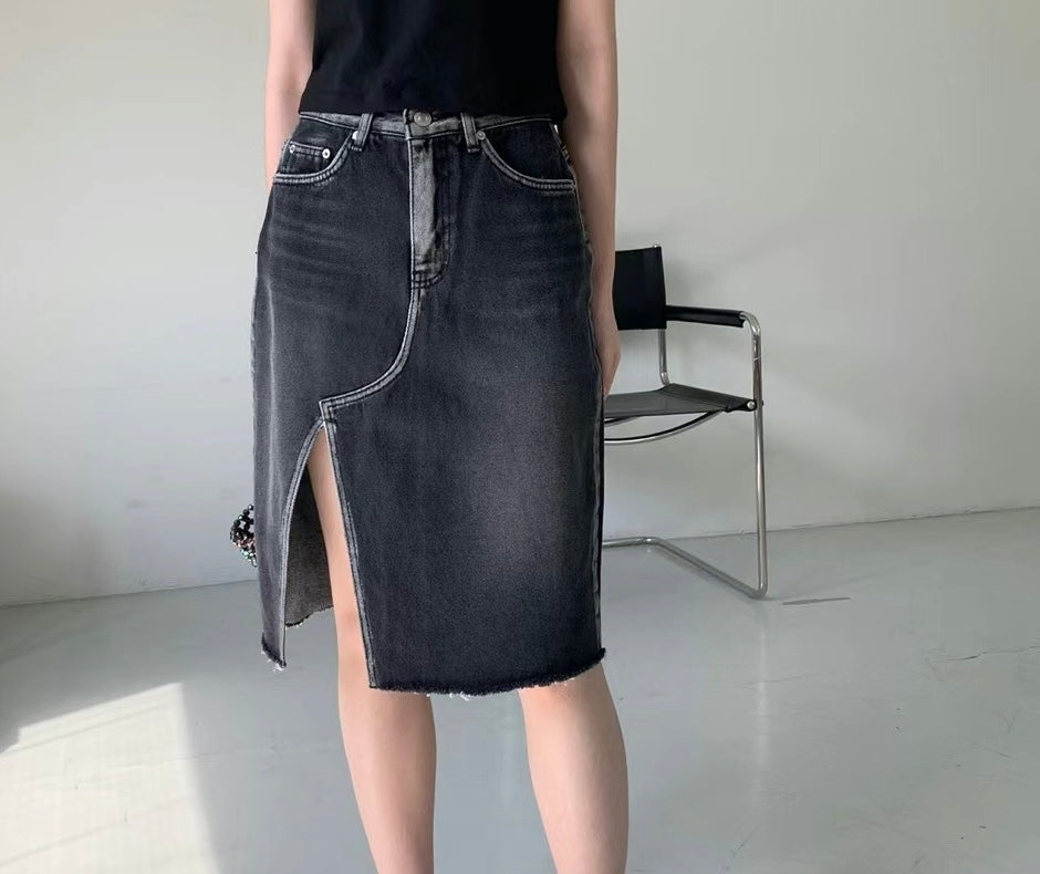 side slit denim skirt