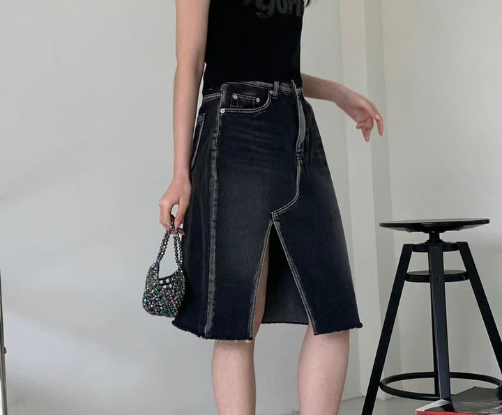 side slit denim skirt