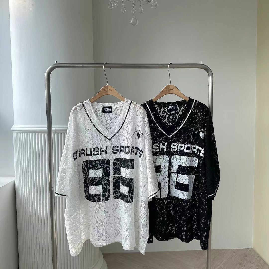 “86”Lace V領長Tee
