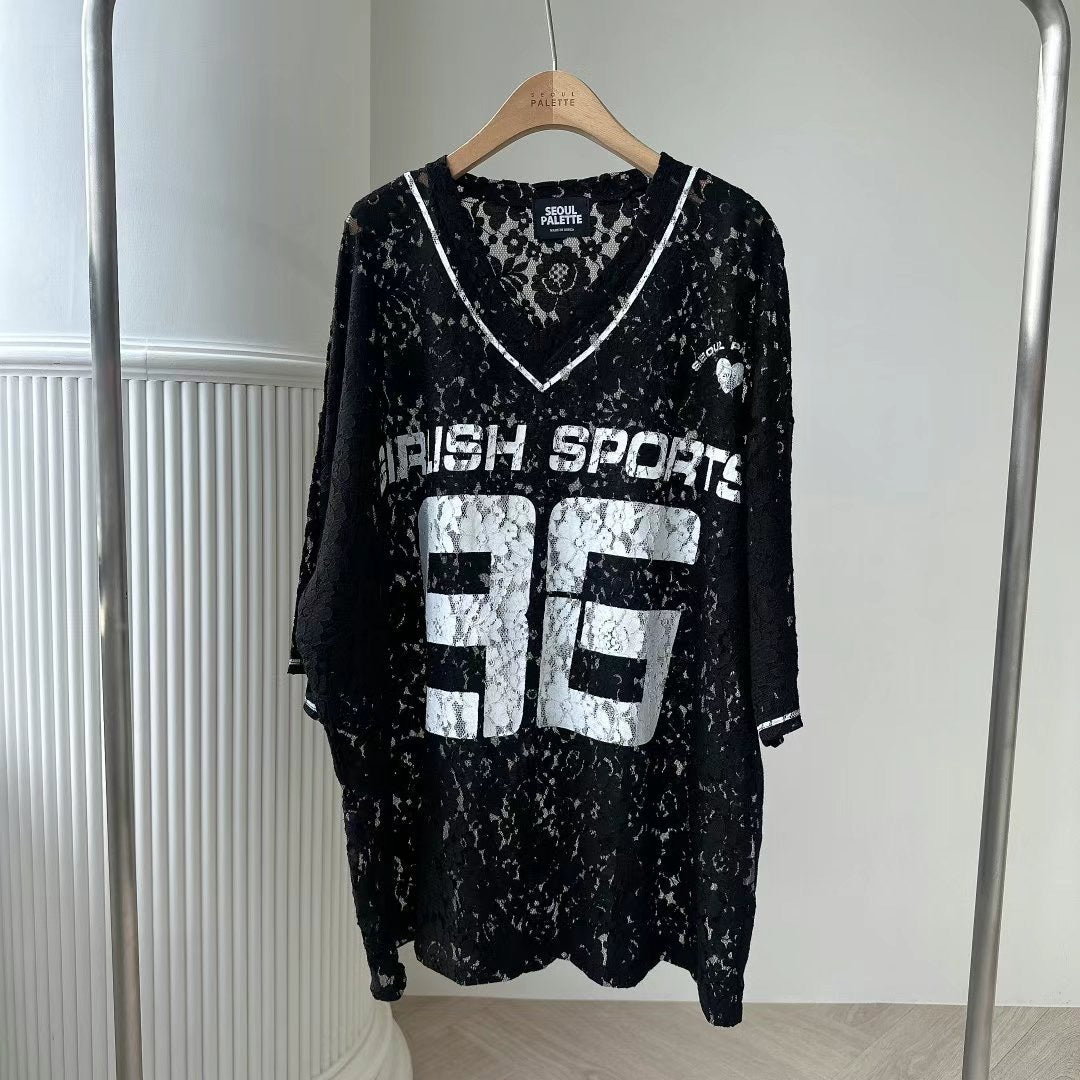 “86”Lace V領長Tee