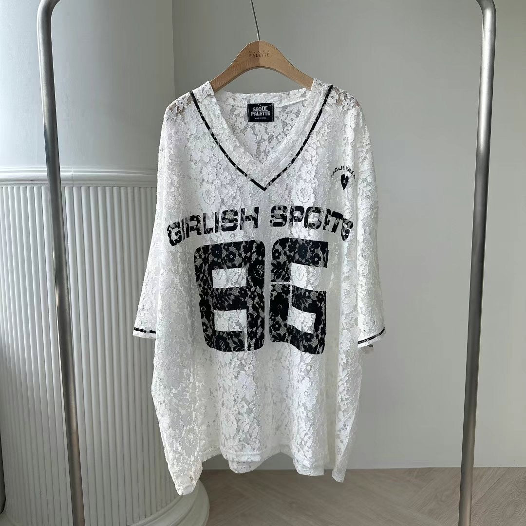 “86”Lace V領長Tee