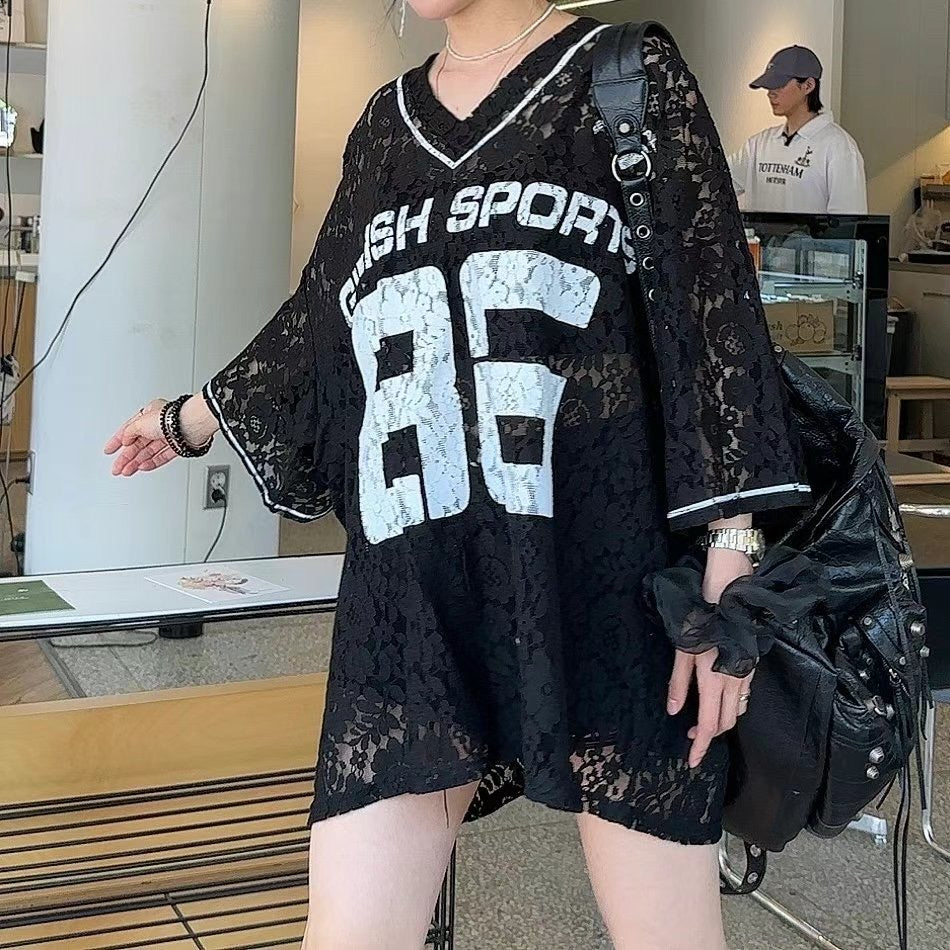 “86”Lace V領長Tee