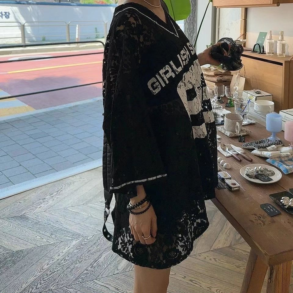 “86”Lace V領長Tee