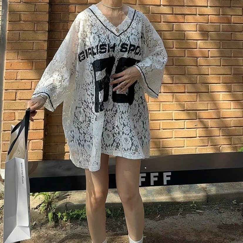 “86”Lace V領長Tee
