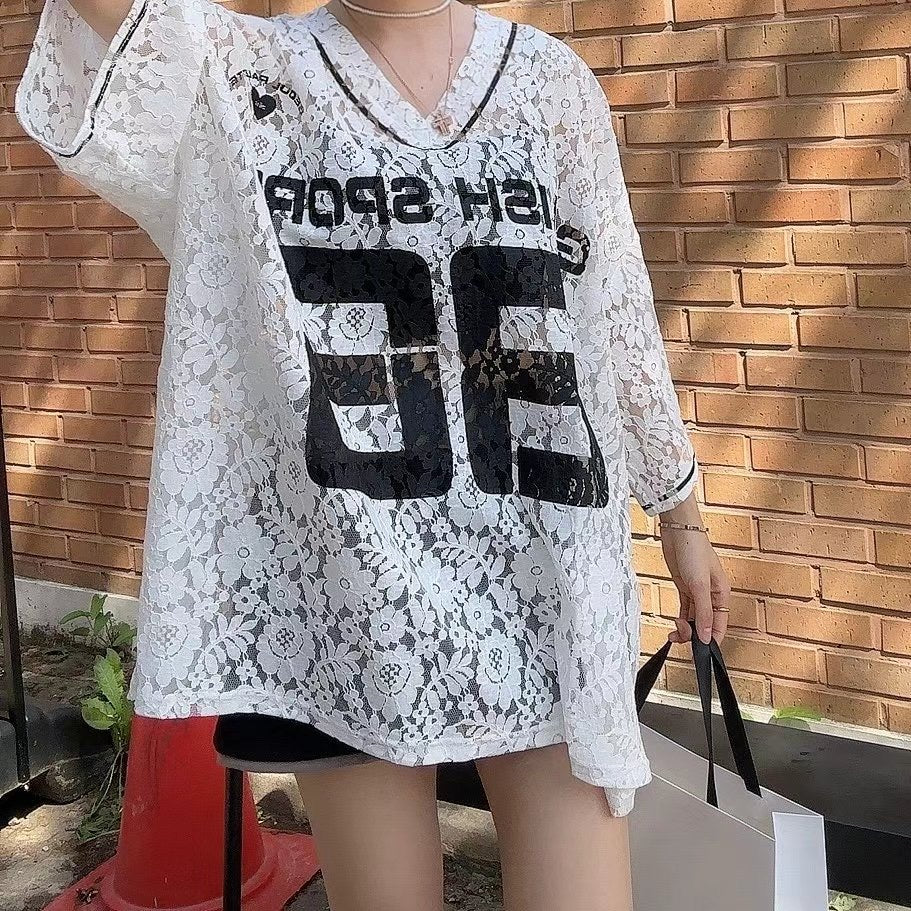 “86”Lace V領長Tee