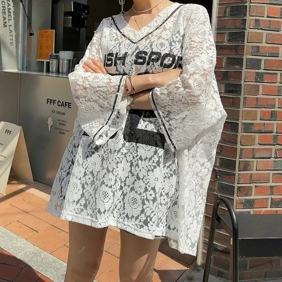 “86”Lace V領長Tee