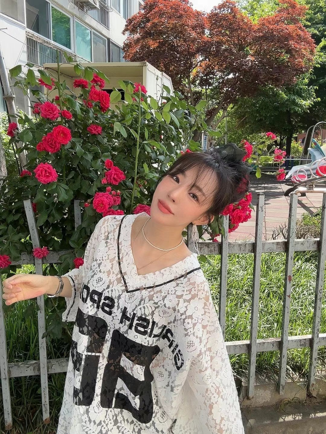 “86”Lace V領長Tee