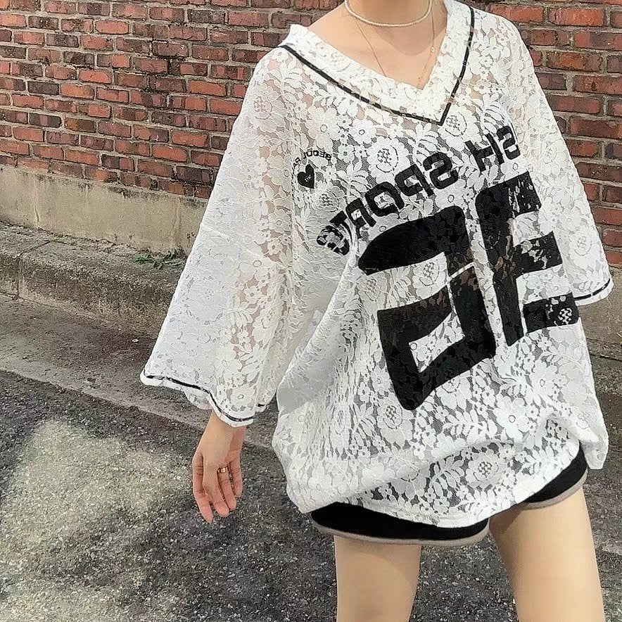 “86”Lace V領長Tee